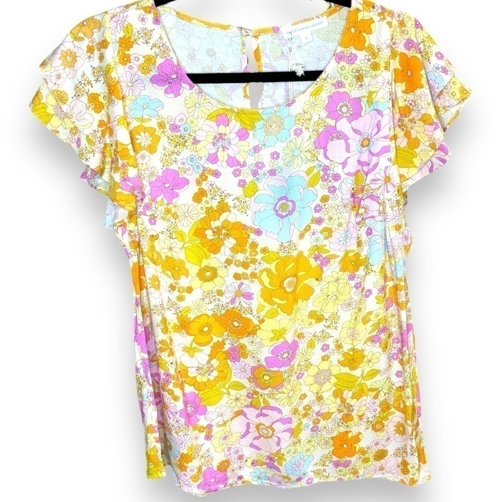 NWT Emerson Rose Yellow Pink Floral flutter Ruffle Sleeve Top - Small